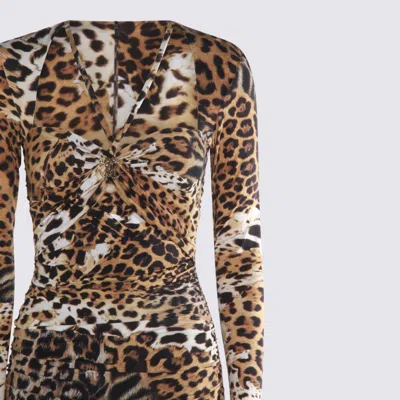 Roberto Cavalli Jaguar Skin-print Ruched Dress In Brown