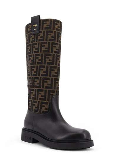 Fendi Filo Leather And Ff Jacquard Fabric Boots In Black
