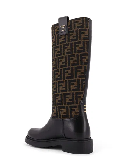 Fendi Filo Leather And Ff Jacquard Fabric Boots In Black