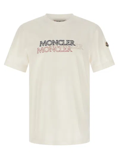 Moncler Flocked Logo T-shirt With Crew Neck And Design In Neutral