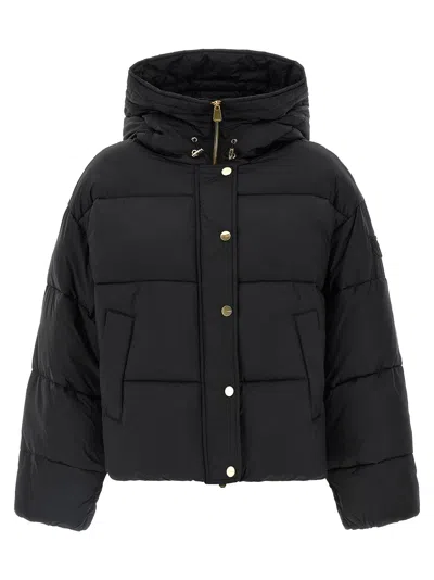 Pinko Cropped Black Coat With Hooded Neckline And Embroidered Logo In Black