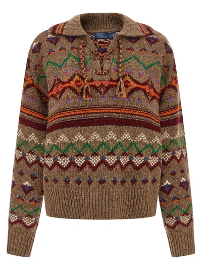 Polo Ralph Lauren Jacquard Patterned Wool Sweater With Lace-up V-neck In Brown