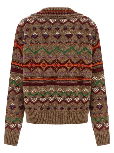 Polo Ralph Lauren Jacquard Patterned Wool Sweater With Lace-up V-neck In Brown