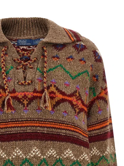 Polo Ralph Lauren Jacquard Patterned Wool Sweater With Lace-up V-neck In Brown