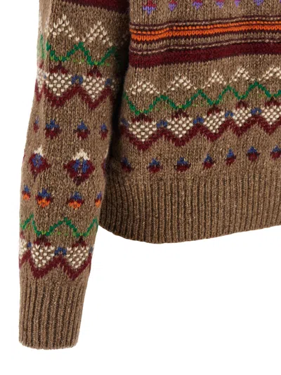 Polo Ralph Lauren Jacquard Patterned Wool Sweater With Lace-up V-neck In Brown