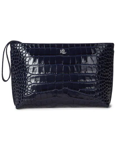 Ralph Lauren Crocodile-embossed Leather Zipper Pouch In Blue