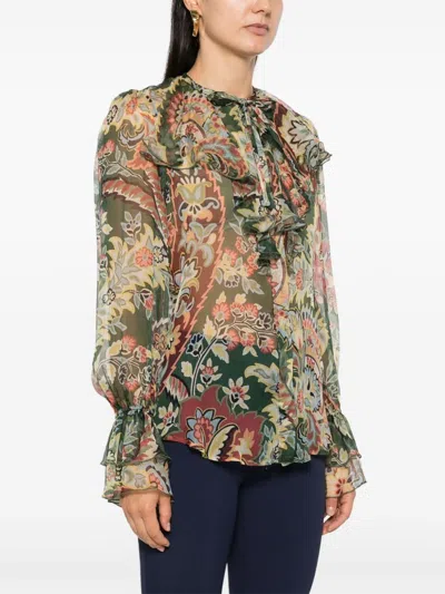 Etro Green Ruffled-detail Crepon Shirt In Green