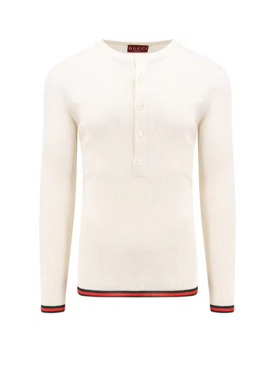 Gucci White Long Sleeved Top In Rib Silk Man In Neutral