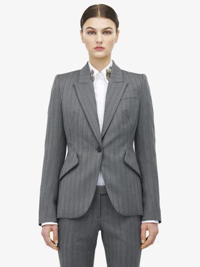 Alexander Mcqueen Herringbone Striped Single-breasted Blazer Jacket In Gray