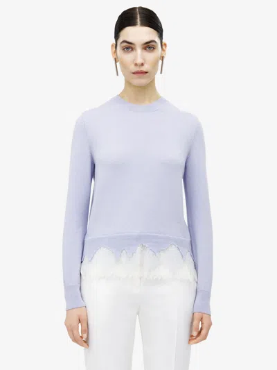 Alexander Mcqueen Lace-trimmed Wool And Cashmere-blend Sweater In Blue