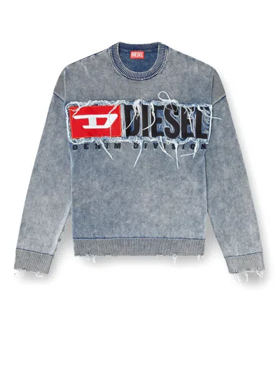 Diesel Distressed Crewneck Sweater With Ribbed Cuffs In Blue