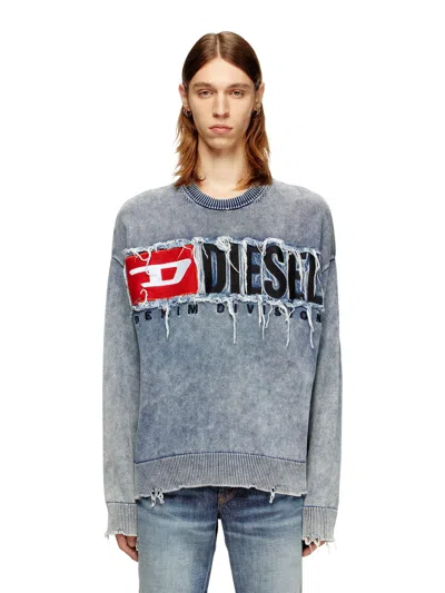 Diesel Distressed Crewneck Sweater With Ribbed Cuffs In Blue