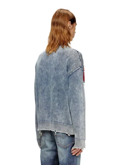 Diesel Distressed Crewneck Sweater With Ribbed Cuffs In Blue