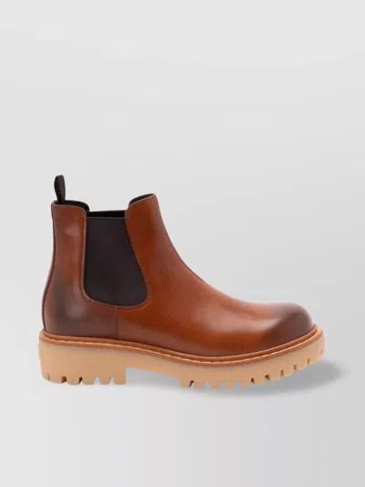 Prada Brown Leather Boots With Elastic Side Panels And Durable Sole In Brown