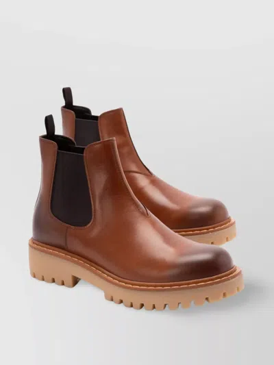 Prada Brown Leather Boots With Elastic Side Panels And Durable Sole In Brown