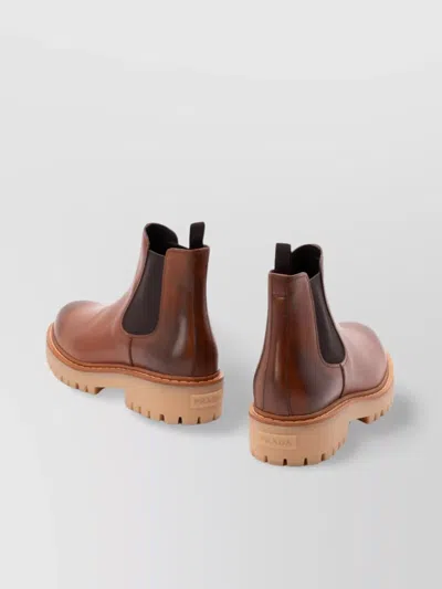 Prada Brown Leather Boots With Elastic Side Panels And Durable Sole In Brown