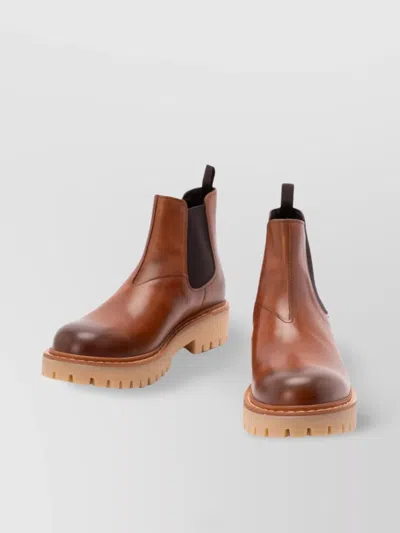 Prada Brown Leather Boots With Elastic Side Panels And Durable Sole In Brown