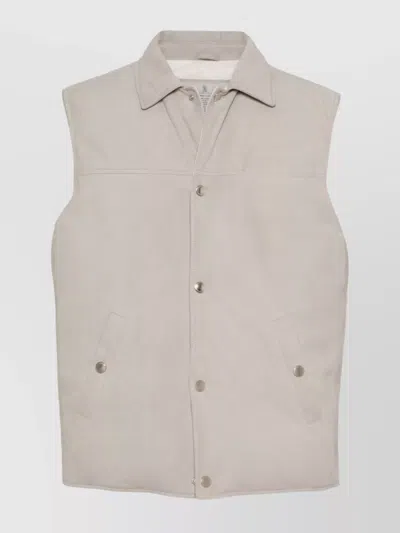 Brunello Cucinelli Leather Vest With Sleeveless Design And Slip Pockets In Gray