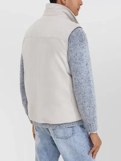 Brunello Cucinelli Leather Vest With Sleeveless Design And Slip Pockets In Gray
