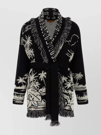 Alanui Black Cardigan With Tropical Pattern And Fringes In Black