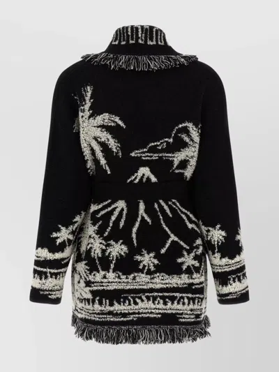 Alanui Black Cardigan With Tropical Pattern And Fringes In Black
