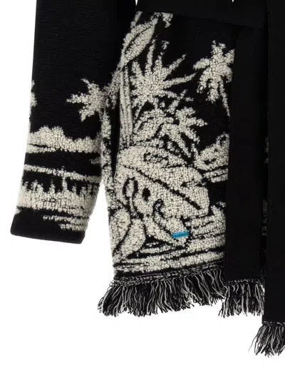 Alanui Black Cardigan With Tropical Pattern And Fringes In Black