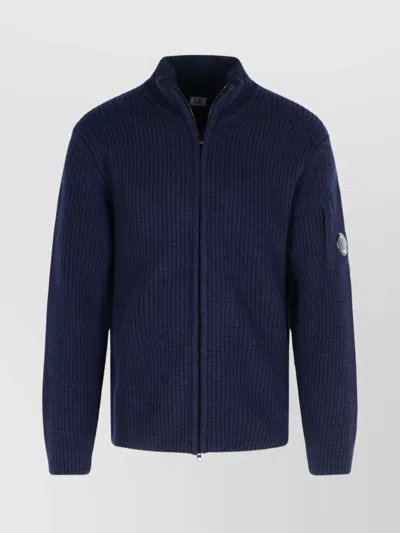 C.p. Company Ribbed Knit Zip-up Sweater With High Collar And Logo Patch In Blue