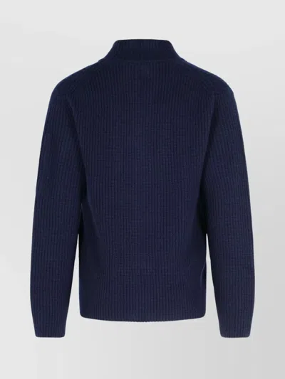 C.p. Company Ribbed Knit Zip-up Sweater With High Collar And Logo Patch In Blue