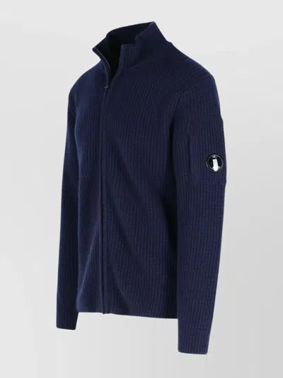 C.p. Company Ribbed Knit Zip-up Sweater With High Collar And Logo Patch In Blue