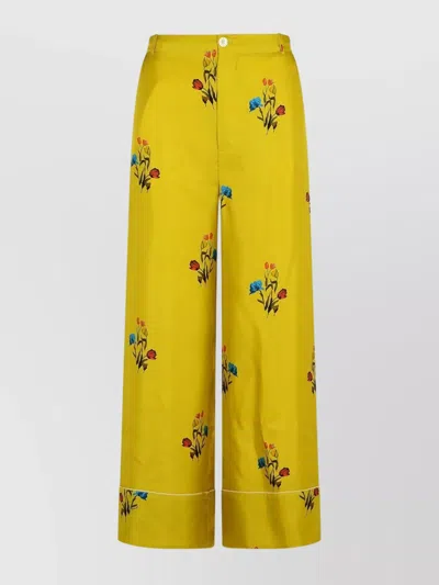 Marni Floral Print Wide Leg Silk Pants In Yellow