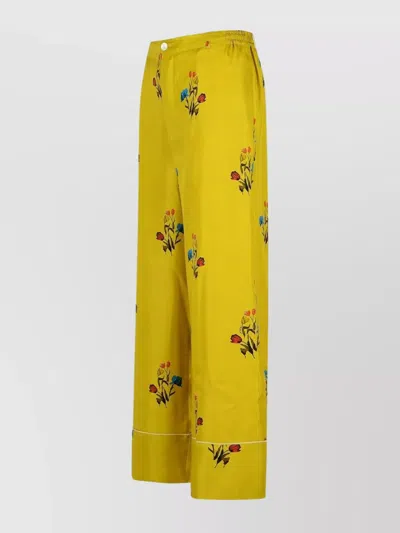 Marni Floral Print Wide Leg Silk Pants In Yellow