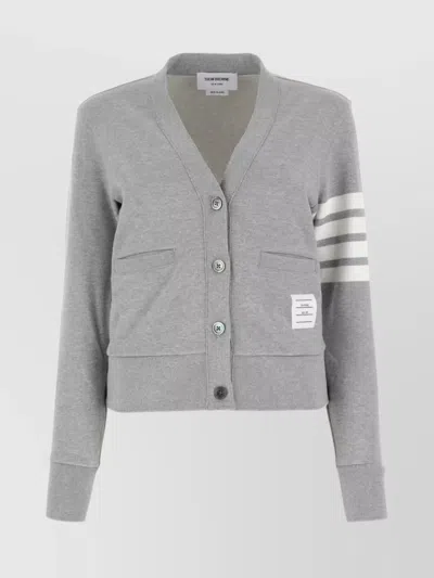 Thom Browne Striped Cotton V-neck Cardigan Pockets In Gray