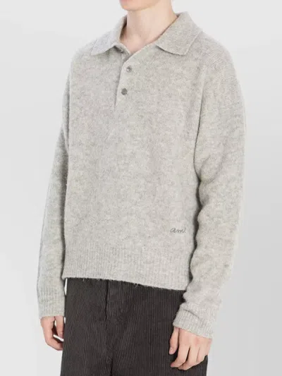 Ami Alexandre Mattiussi Light Grey Knit Sweater With Polo Collar And Three-button Placket In Gray