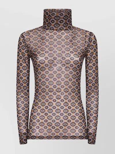 Dries Van Noten Semi-transparent Brown Print Turtleneck Jumper In Brown