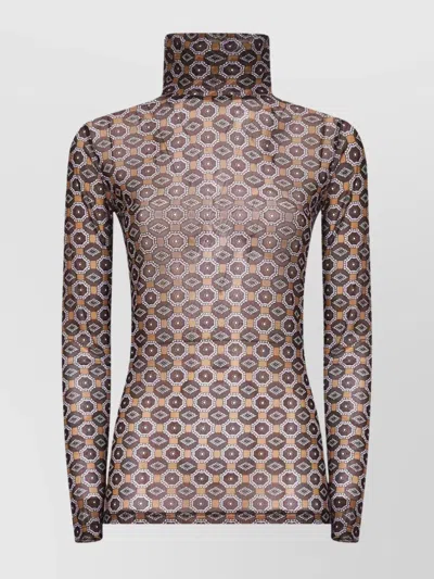 Dries Van Noten Semi-transparent Brown Print Turtleneck Jumper In Brown