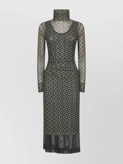 Dries Van Noten Mesh Layered Midi Dress With Asymmetrical Ruffles In Green