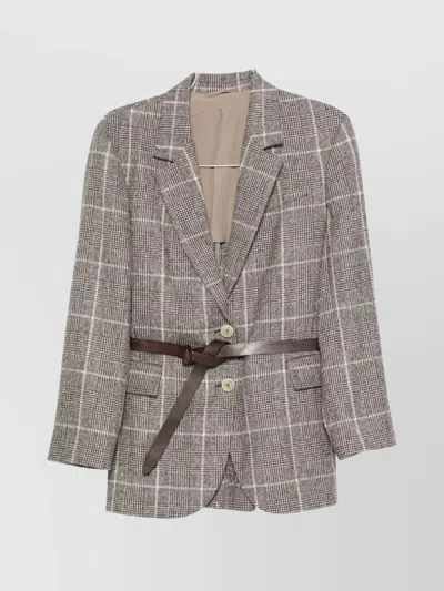 Brunello Cucinelli Belted Checked Wool Jacket With Pockets In Gray