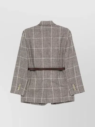Brunello Cucinelli Belted Checked Wool Jacket With Pockets In Gray