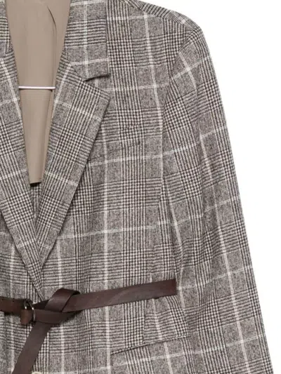 Brunello Cucinelli Belted Checked Wool Jacket With Pockets In Gray