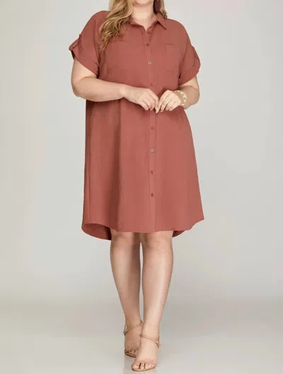 She + Sky Plus Size Button Up Dress In Cinnamon In Brown