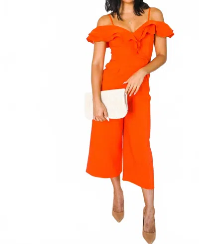 Main Strip On My Level Ruffled Off Shoulder Midi Jumpsuit In Orange In Orange