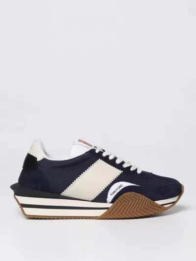 Tom Ford Mens Blue James Logo-print Leather And Suede Low-top Trainers In Blue