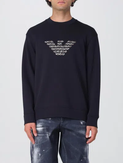 Emporio Armani Sweatshirt With Maxi Embroidery In Blue Double Jersey In Black