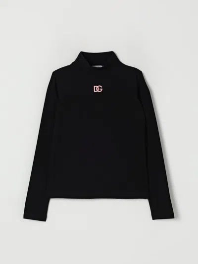 Dolce & Gabbana Black Turtleneck Sweater For Girl With Pink Logo In Black