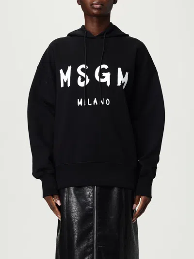 Msgm Black Cotton Crewneck Sweatshirt With Logo In Black