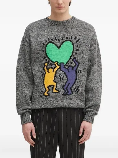 Wacko Maria Heart-motif Wool Sweater In Gray