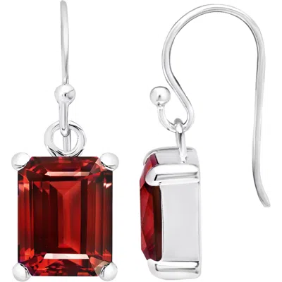 Maxcolor Sterling Silver Emerald Cut Gemstone Drop Earring In Red