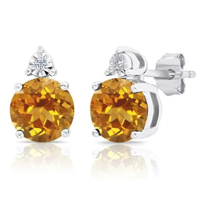 Maxcolor Sterling Silver 7mm Round Gemstone And Diamond Accent Stud Earrings In Red