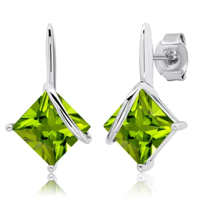 Maxcolor Sterling Silver 7mm Princess Cut Gemstone Drop Earrings In Green