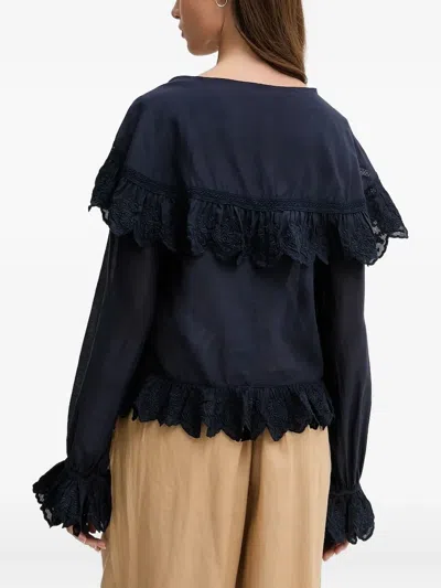 Hoss Intropia Embroidered Ruffled Top In Blue